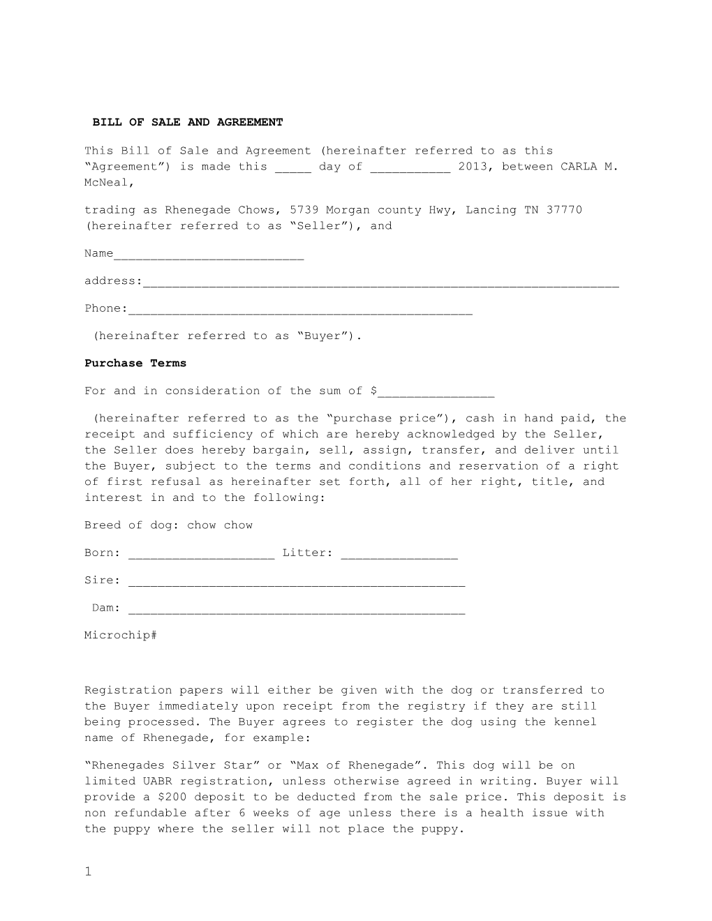 Bill of Sale and Agreement