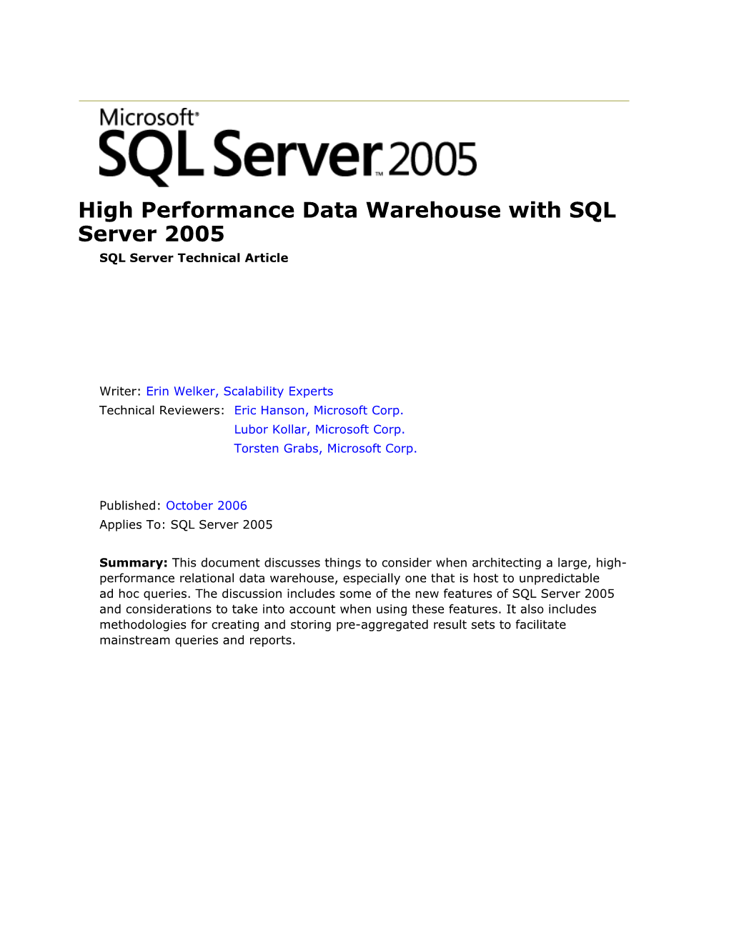 High Performance Data Warehouse with SQL Server 2005