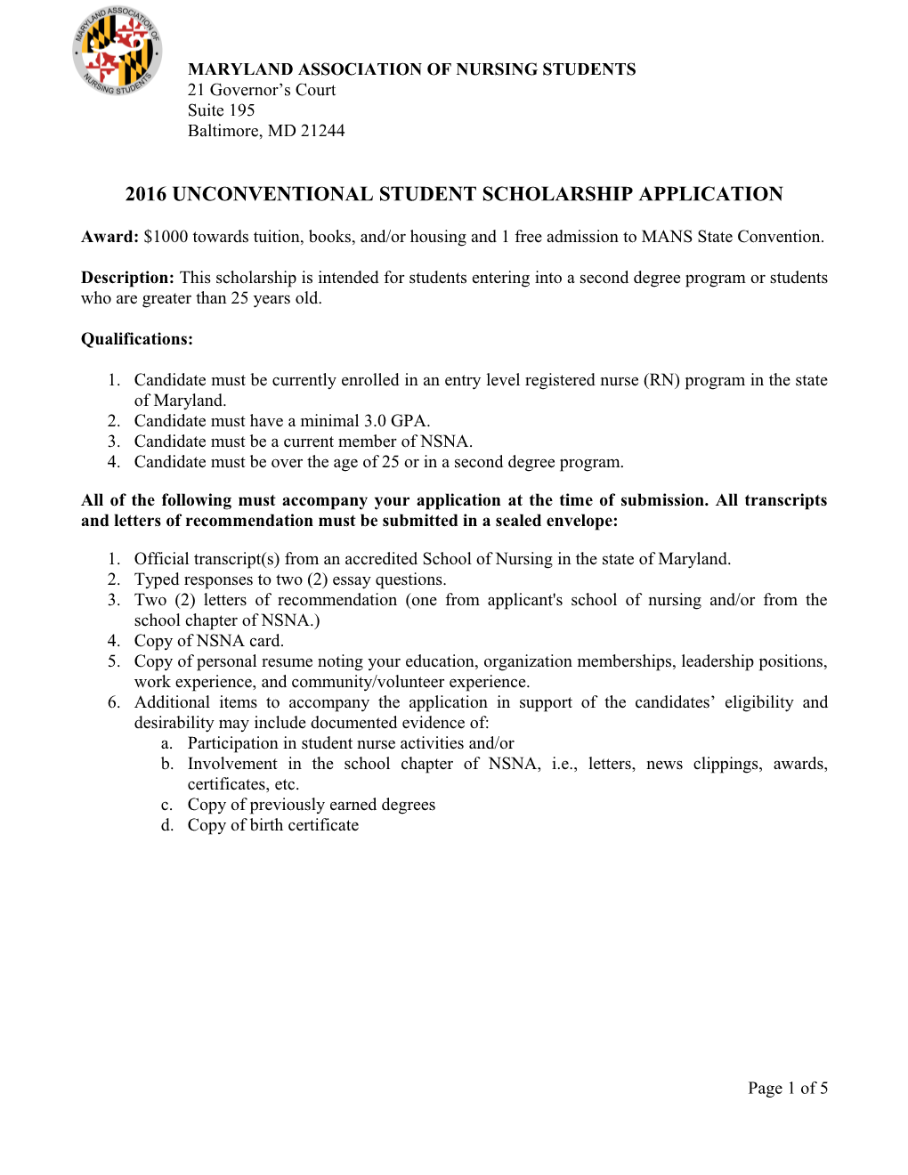 2016 Unconventional Student Scholarship Application