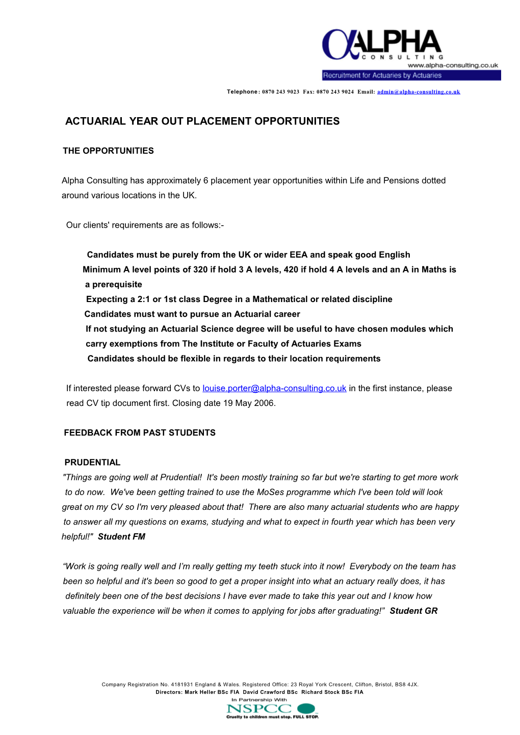 Actuarial Year out Placement Opportunities