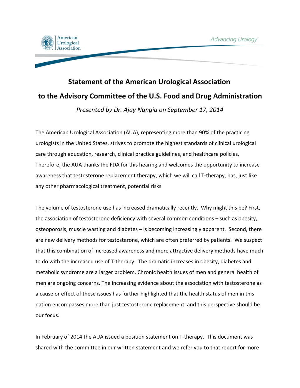 Statement of the American Urological Association to the Advisory Committee of the U.S