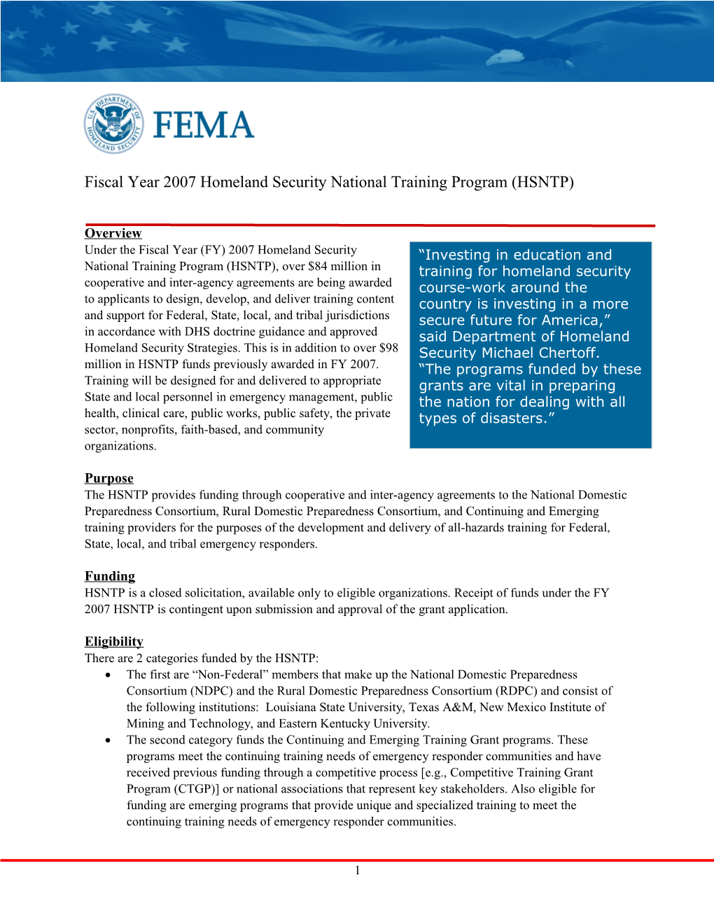 Fiscal Year 2007 Homeland Security National Training Program (HSNTP)