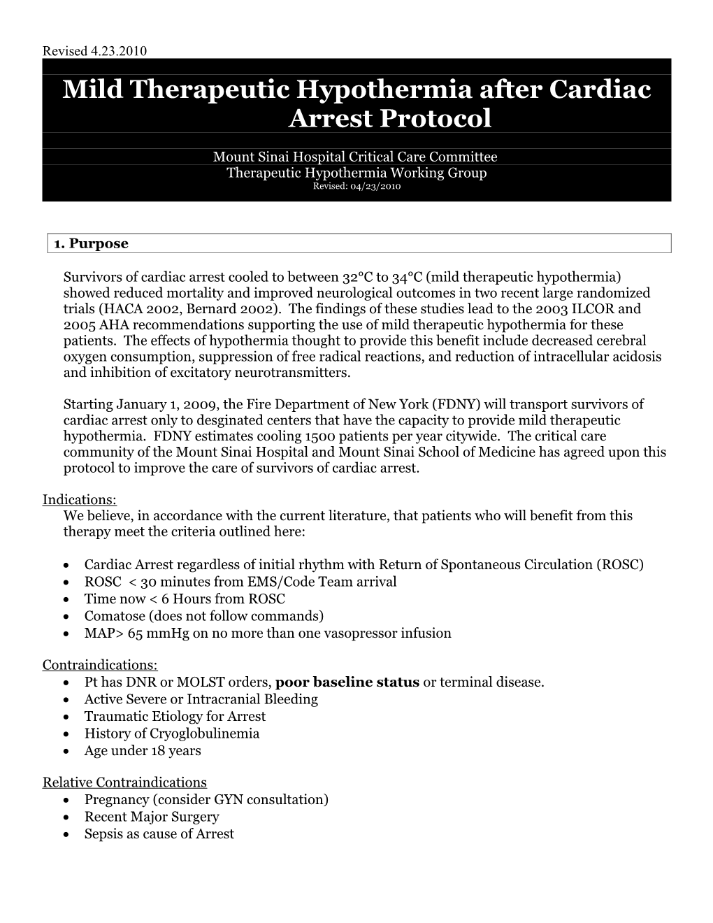 Mild Therapeutic Hypothermia After Cardiac Arrest Protocol