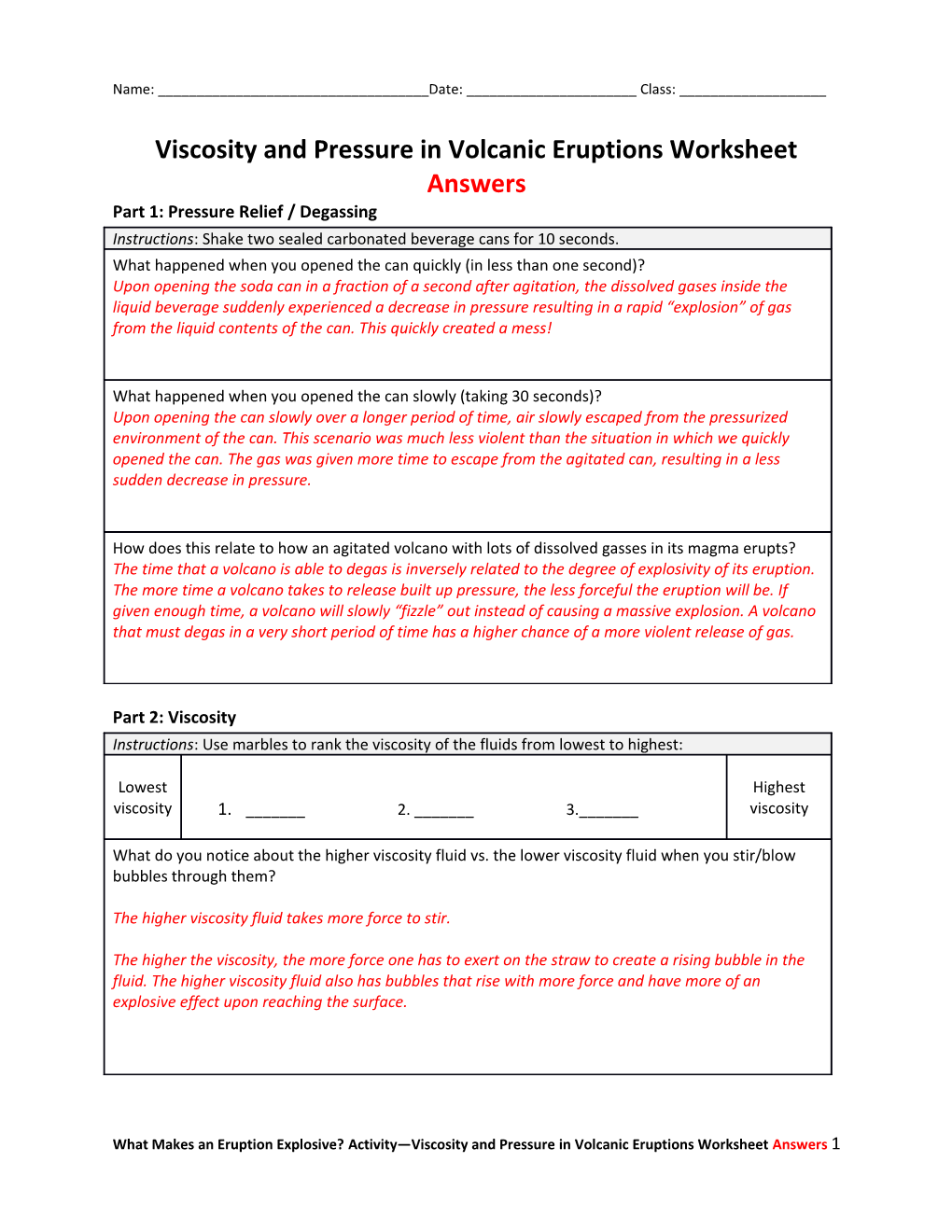 Viscosity and Pressure in Volcanic Eruptions Worksheetanswers