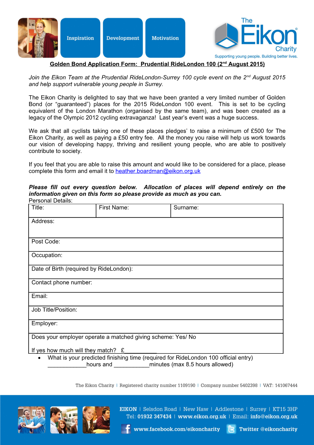Golden Bond Application Form: Prudential Ridelondon 100 (2Ndaugust 2015)