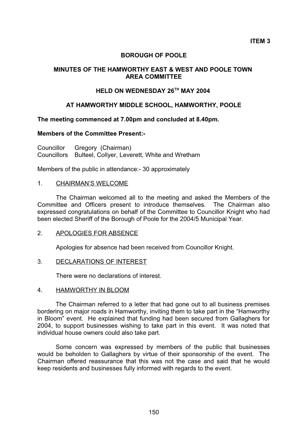 Minutes - Hamworthy East and West and Poole Town Area Committee - 26 May 2004