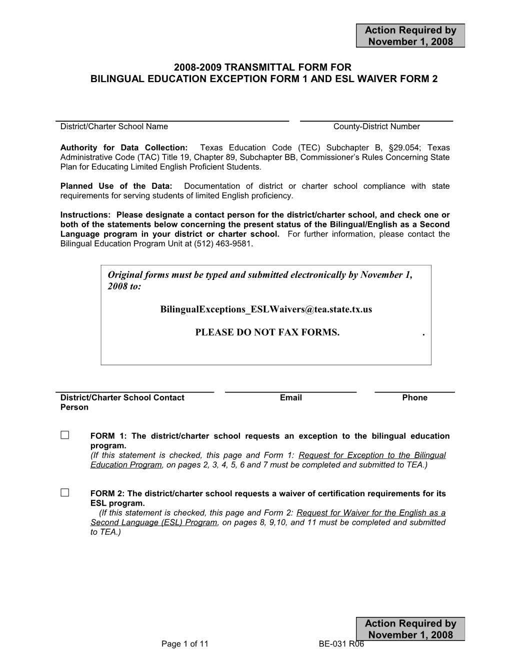 Bilingual Exceptionsesl Waiver Transmittal Forms