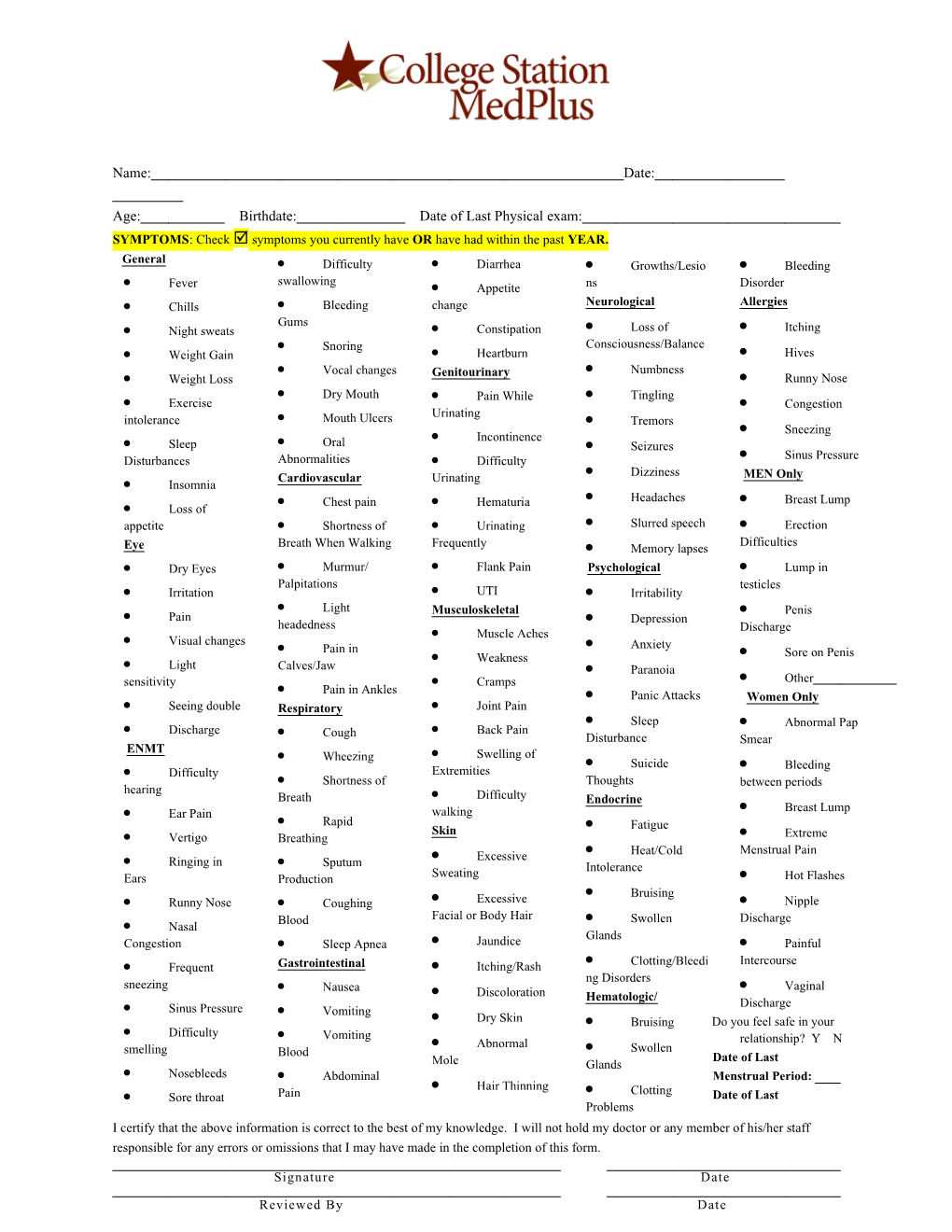 Age: Birthdate: Date of Last Physical Exam