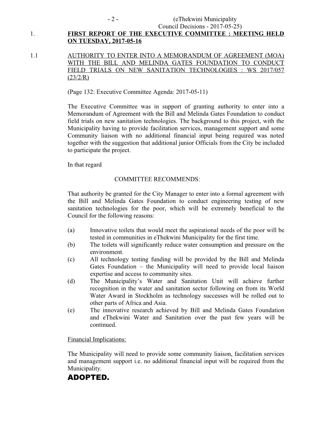 Council Decision Circular : Meeting Held on 2017-05-25