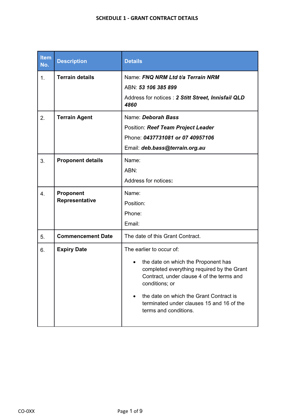 Reef Trust Tender Grant Contract Template Schedules