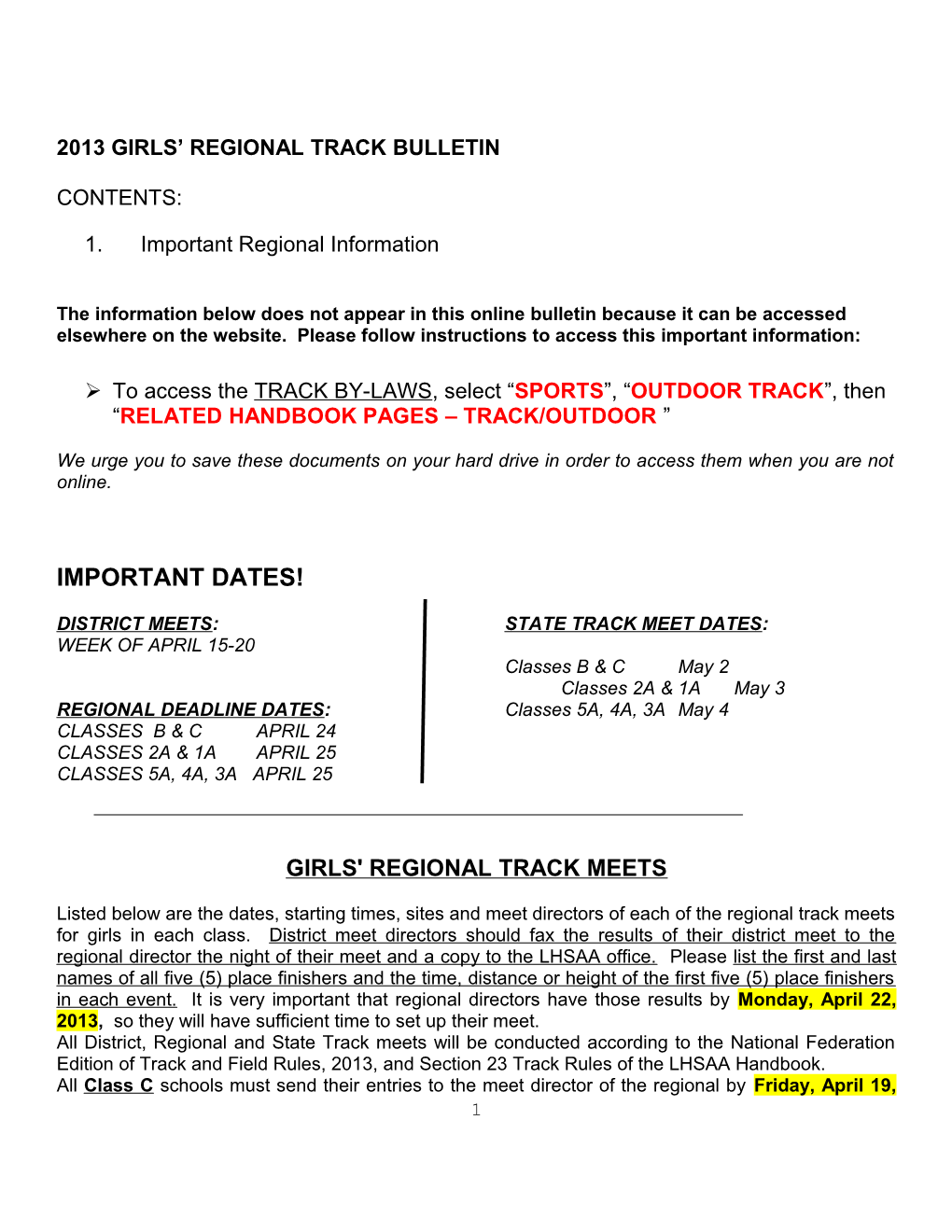 2013 Girls Regional Track Bulletin