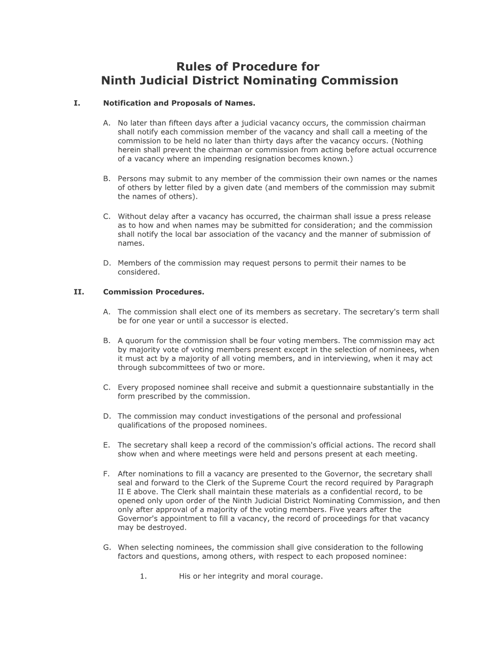 Rules of Procedure for Ninth Judicial District Nominating Commission