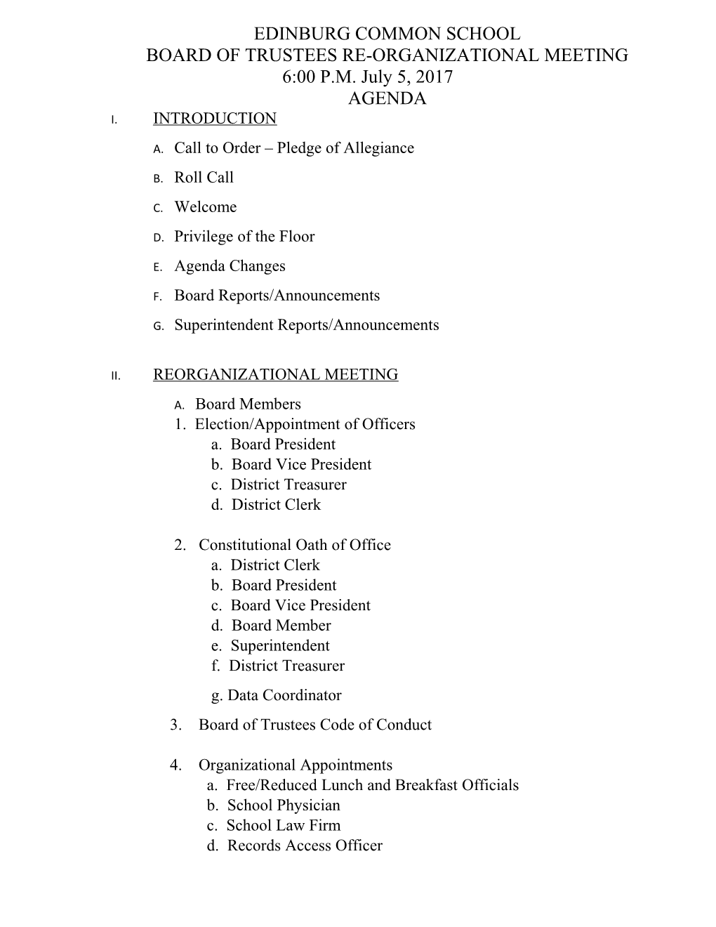 Board of Trustees Re-Organizational Meeting