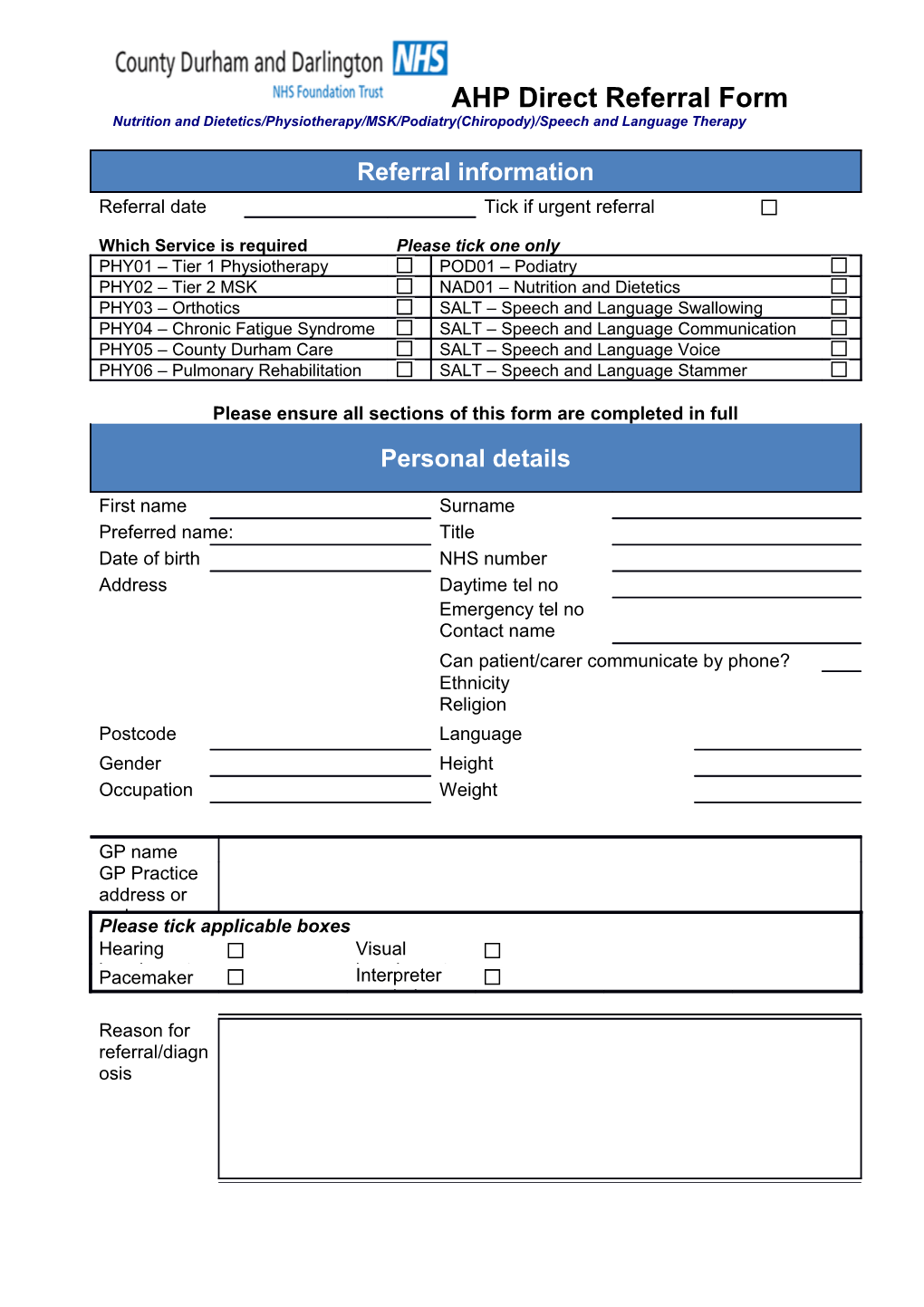 AHP Direct Referral Form