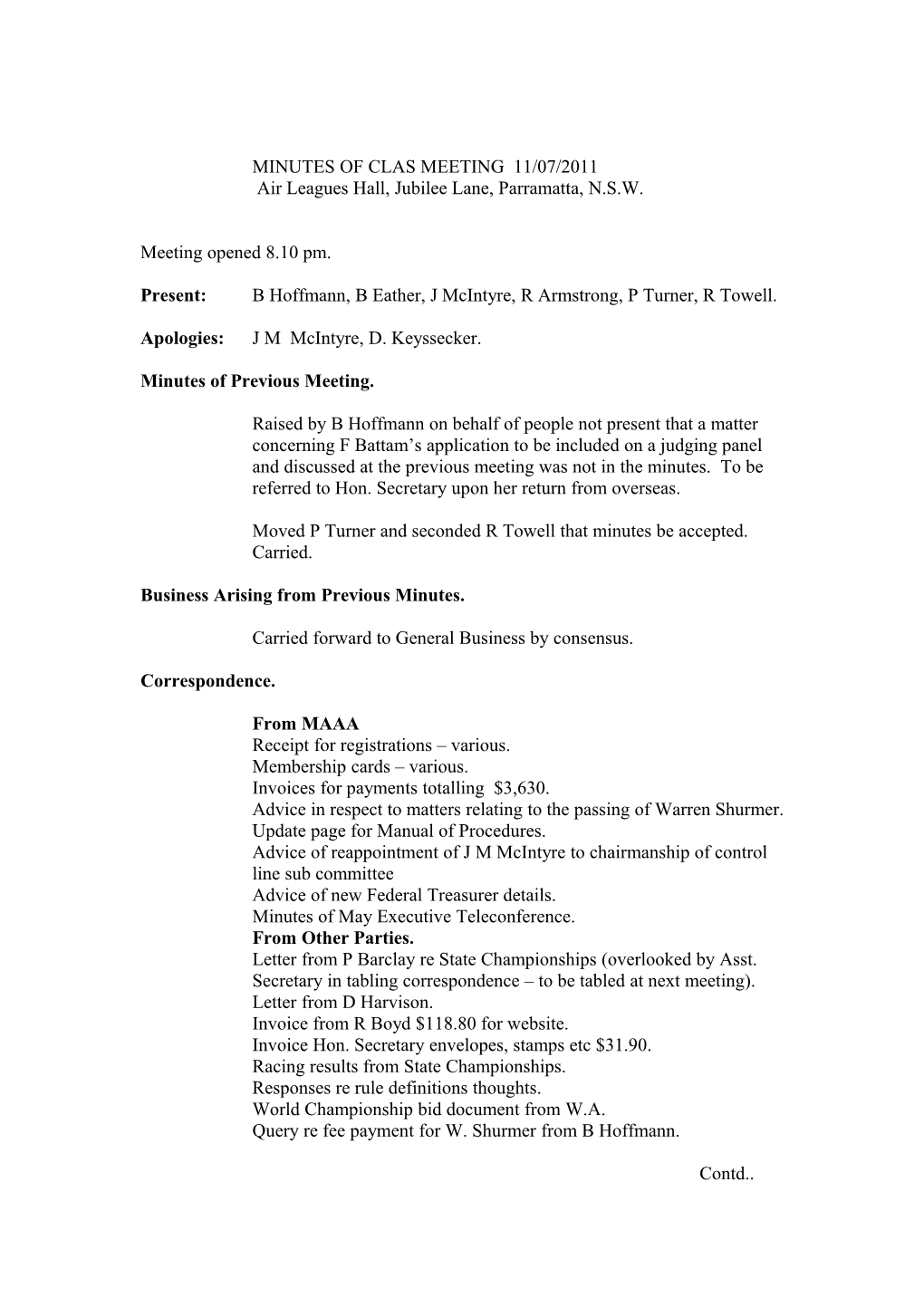 Minutes of Clas Meeting 11/07/2011