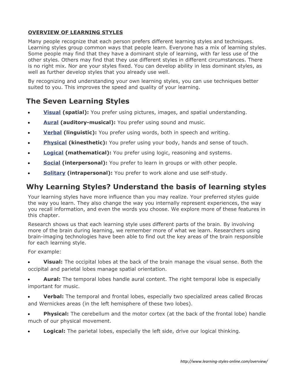 Overview of Learning Styles