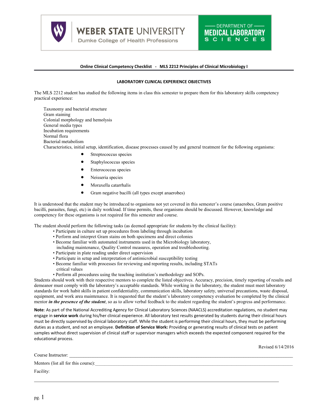 Online Clinical Competency Checklist - MLS 2212Principles Ofclinical Microbiology I