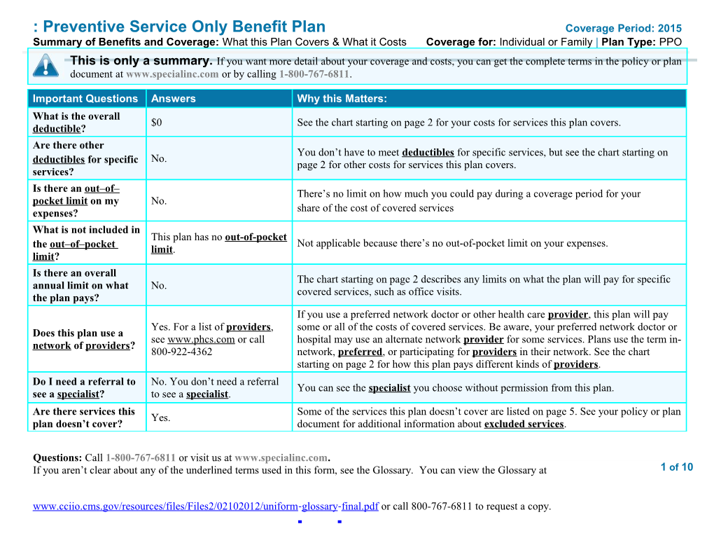 Preventive Service Only Benefit Plancoverage Period: 2015