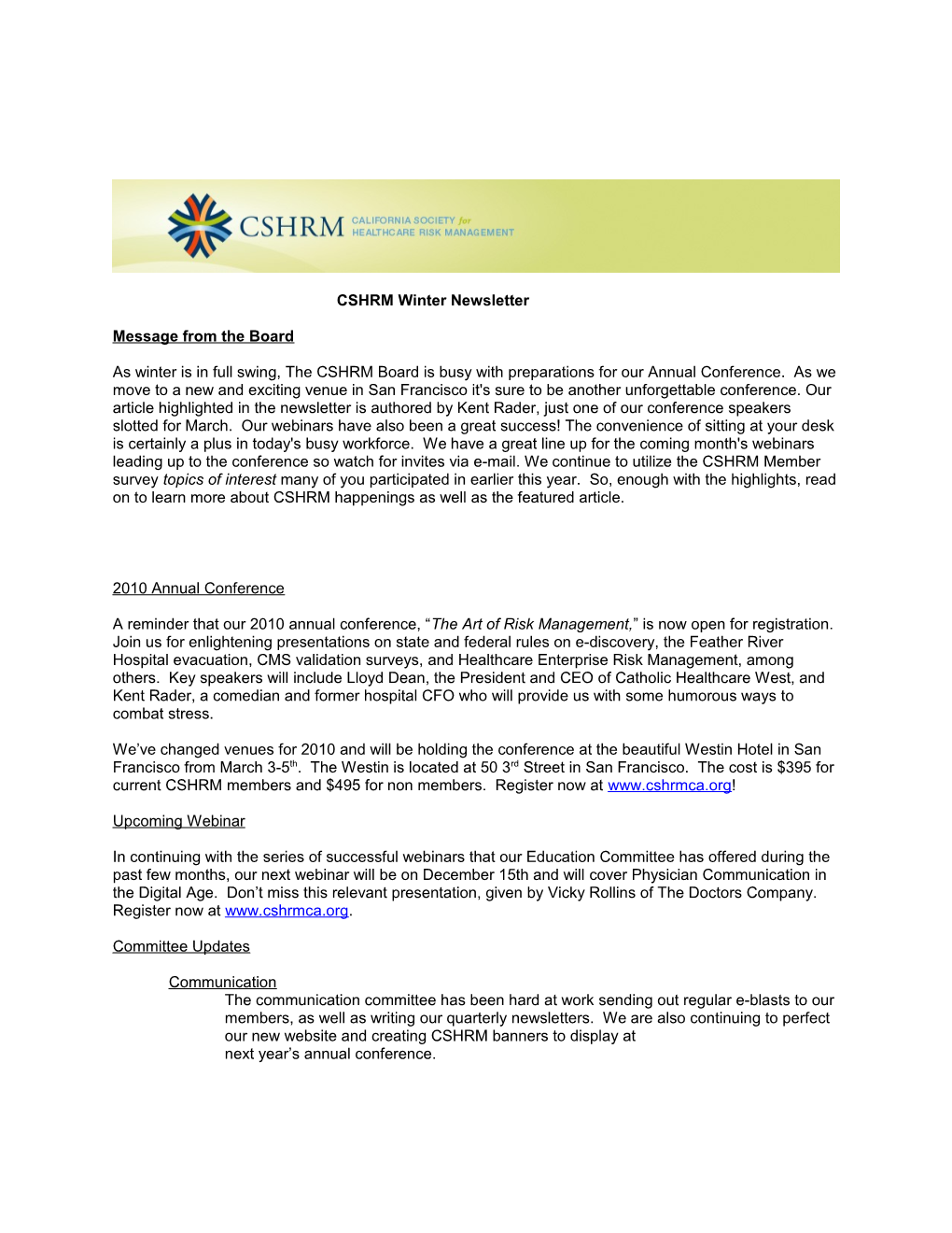 CSHRM Winter Newsletter