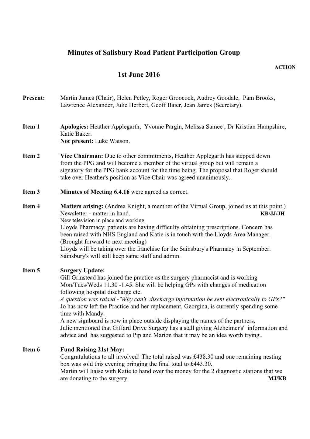 Minutes of Salisbury Road Patient Participation Group