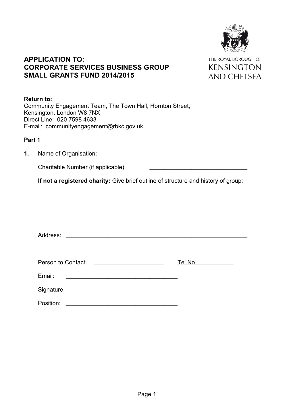 Corporate Services One Off Grant Application