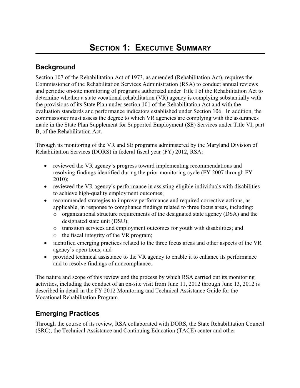 Fiscal Year 2012 Monitoring Report on the Maryland Vocational Rehabilitation and Independent