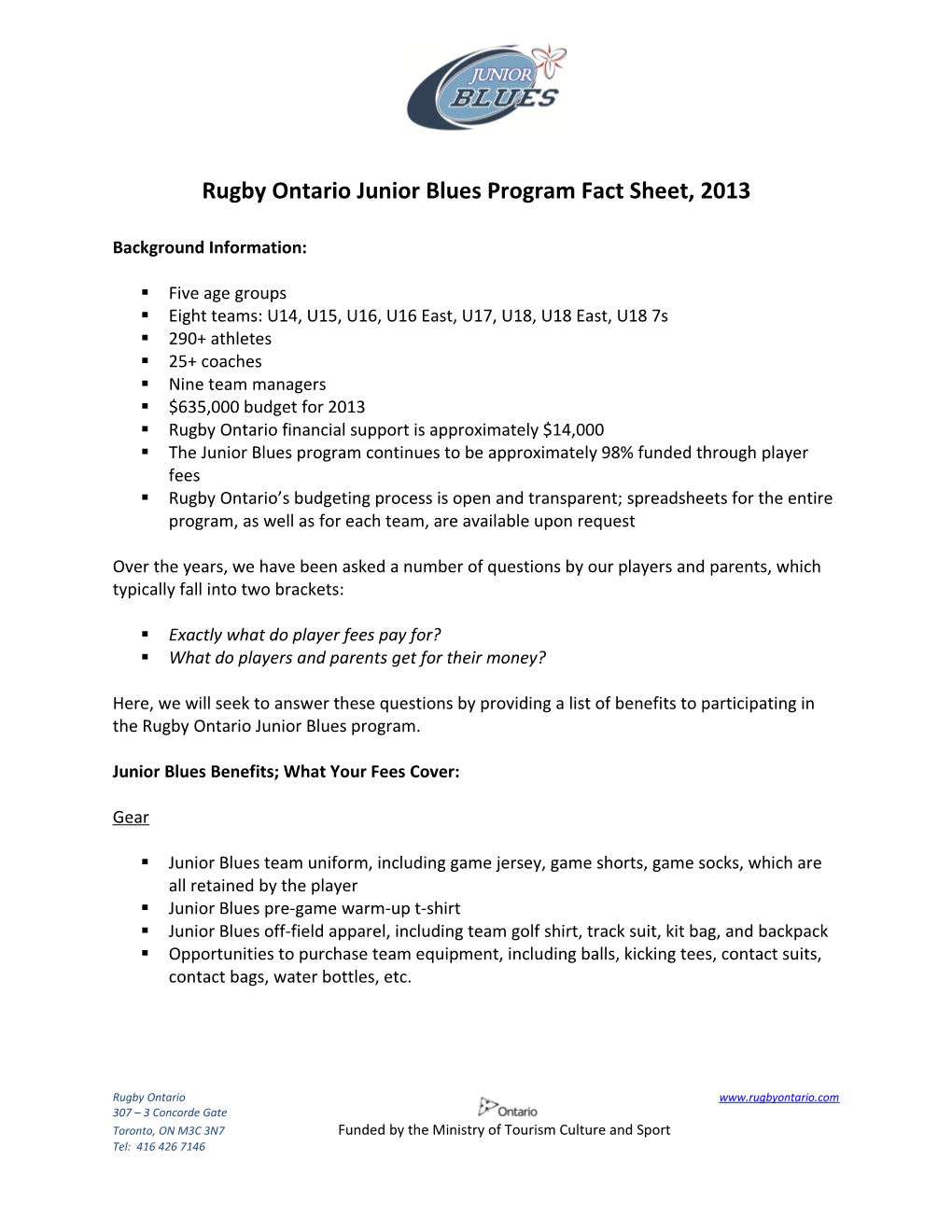 Rugby Ontario Junior Blues Program Fact Sheet, 2013