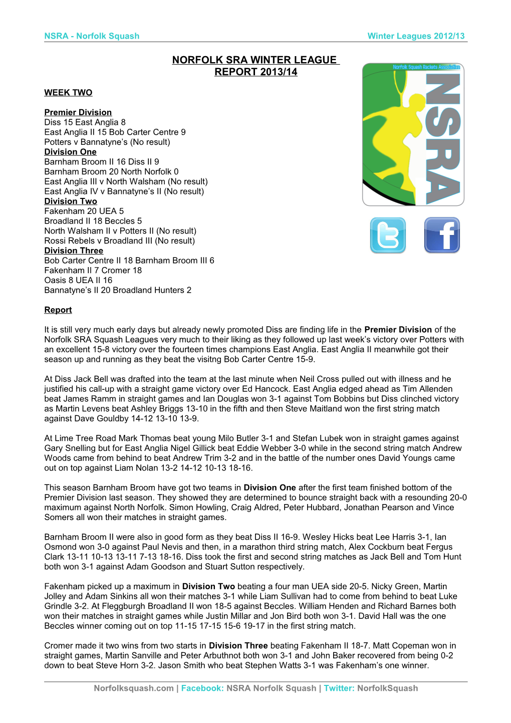 NSRA - Norfolk Squash Winter Leagues 2012/13