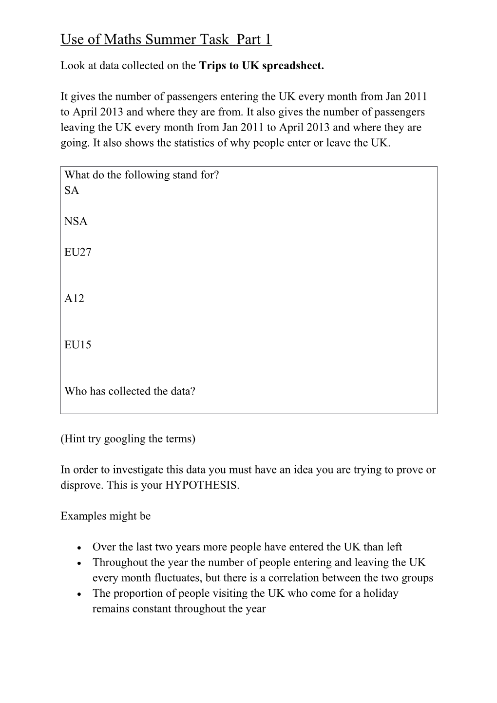 Use of Maths Summer Task Part 1