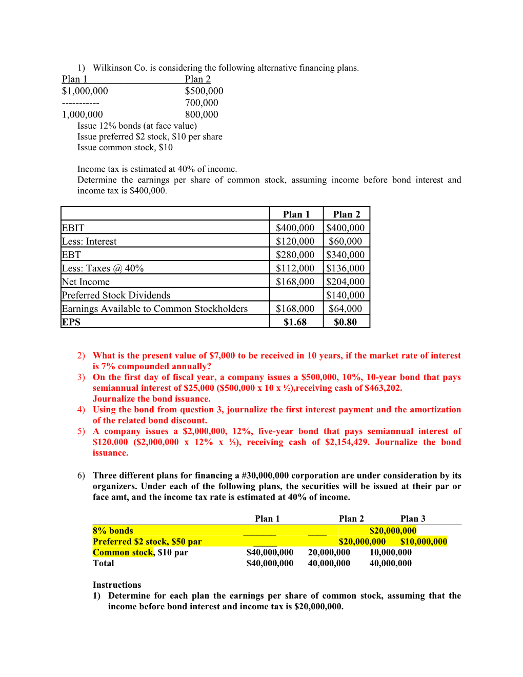 1)Wilkinson Co. Is Considering the Following Alternative Financing Plans