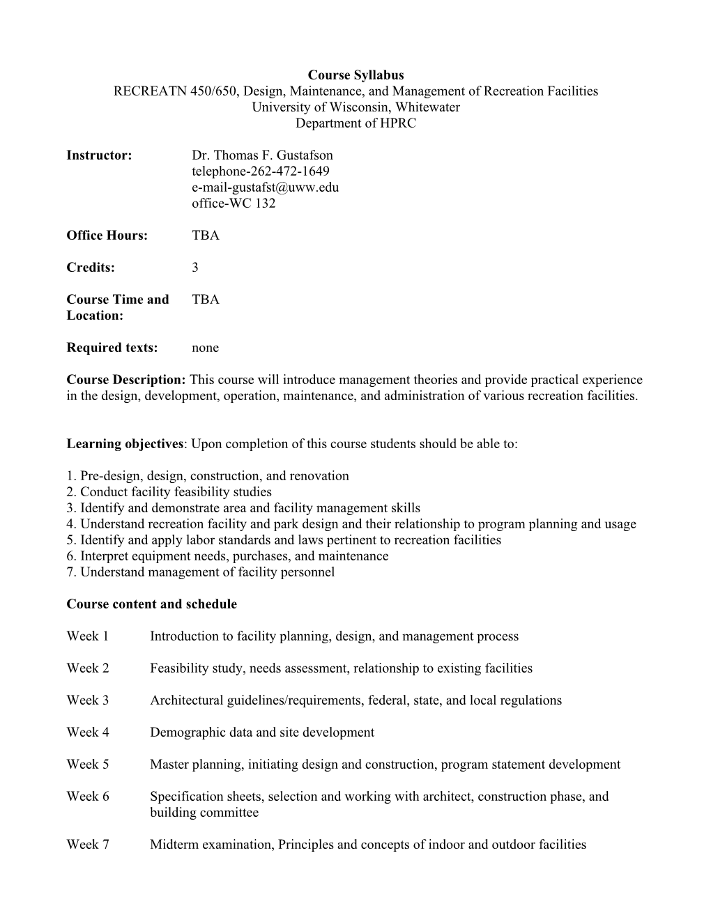 RECREATN 450/650, Design, Maintenance, and Management of Recreation Facilities