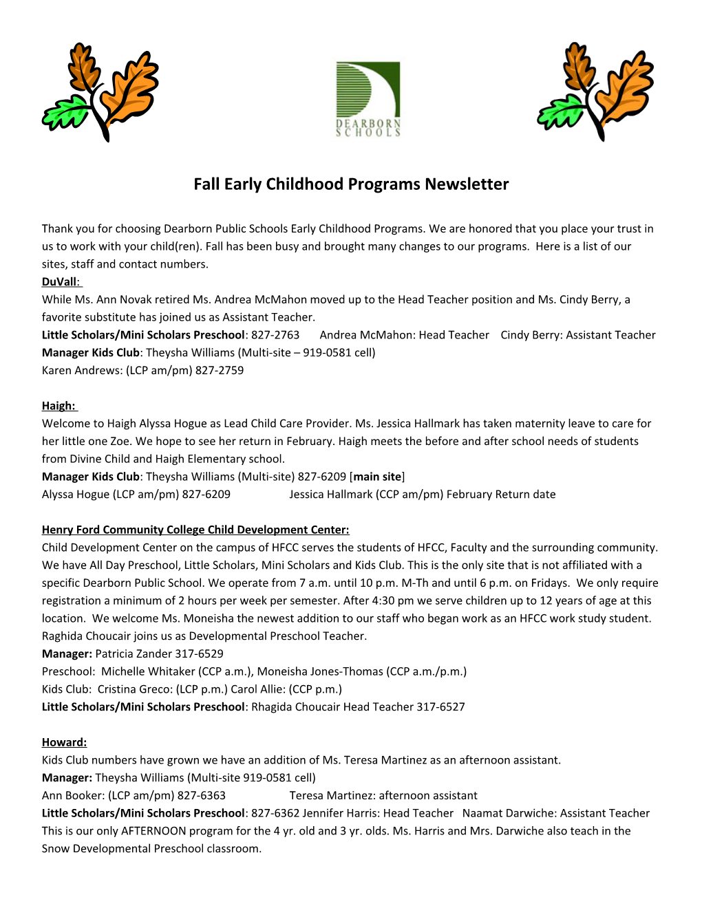 Fall Early Childhood Programs Newsletter