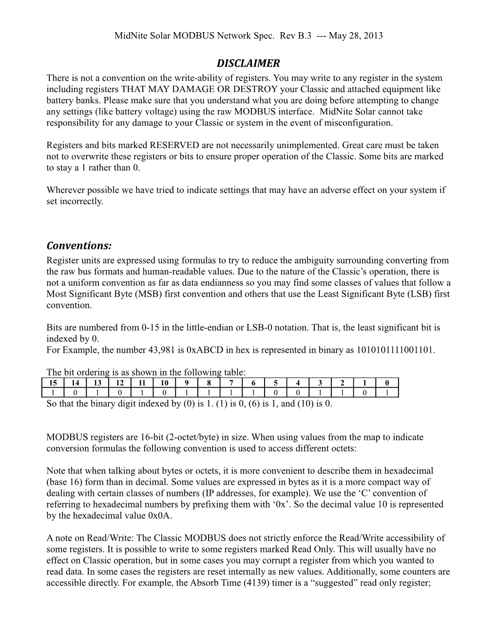 Midnite Solar MODBUS Network Spec. Rev B.3 May 28, 2013