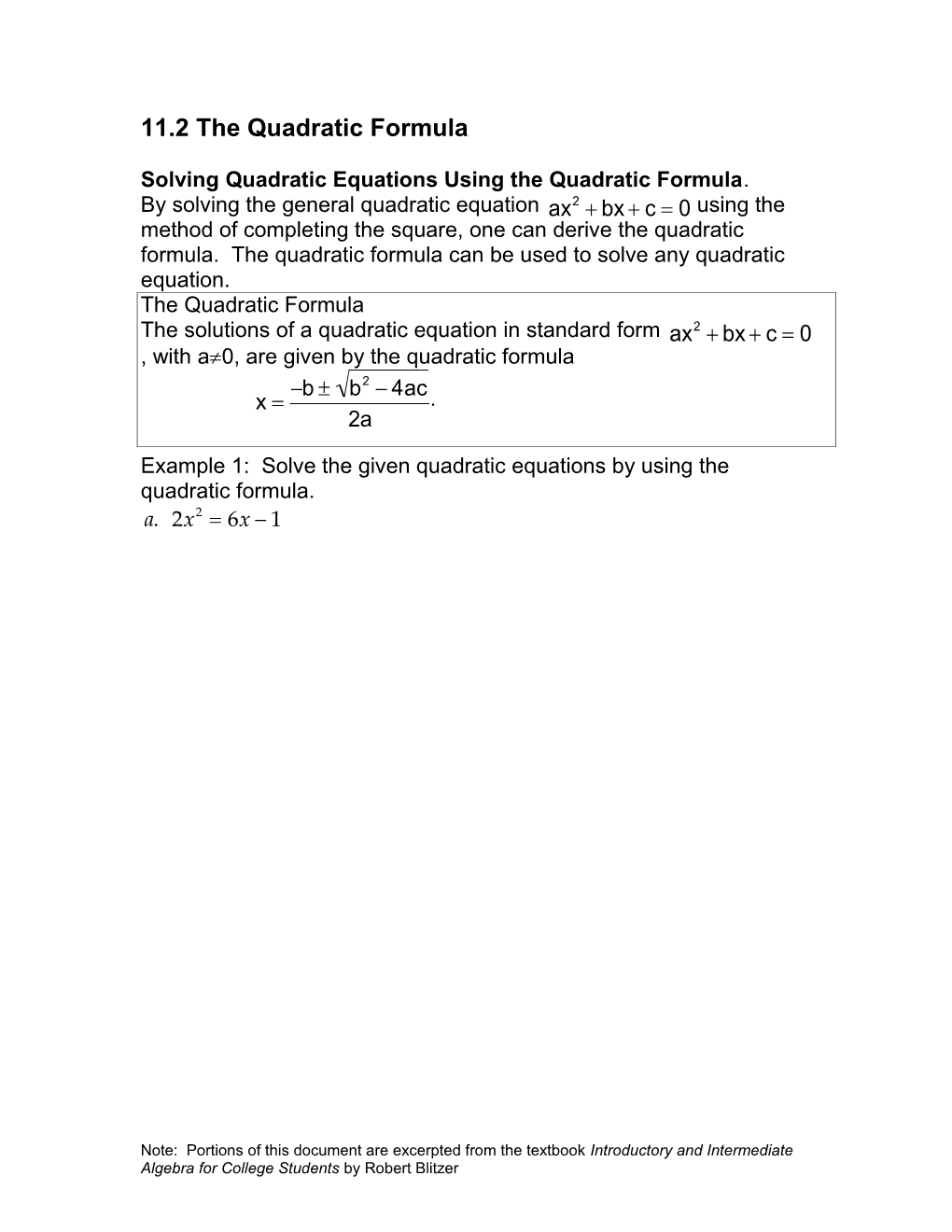 Solving Quadratic Equations Using the Quadratic Formula