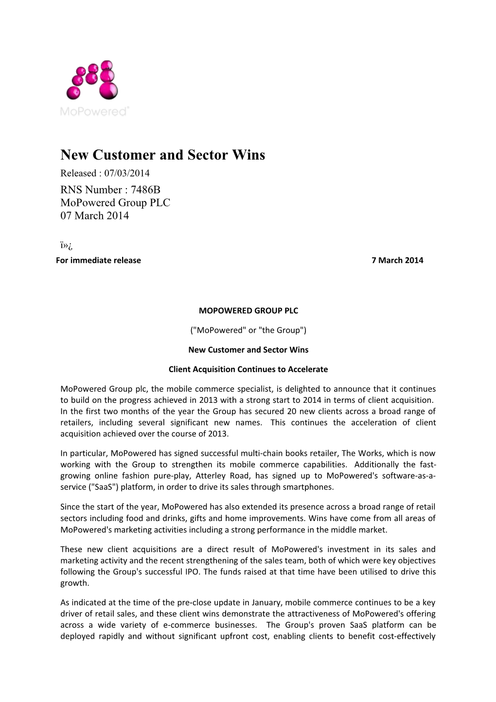 New Customer and Sector Wins