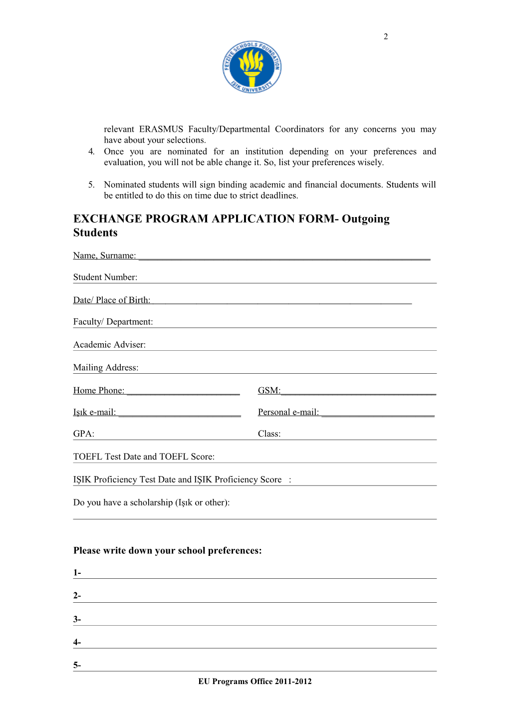 Işık University Exchange Programs Application Form