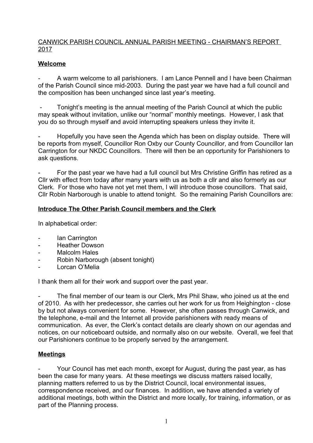 Canwick Parish Council Annual Parish Meeting - Chairman S Report 2005