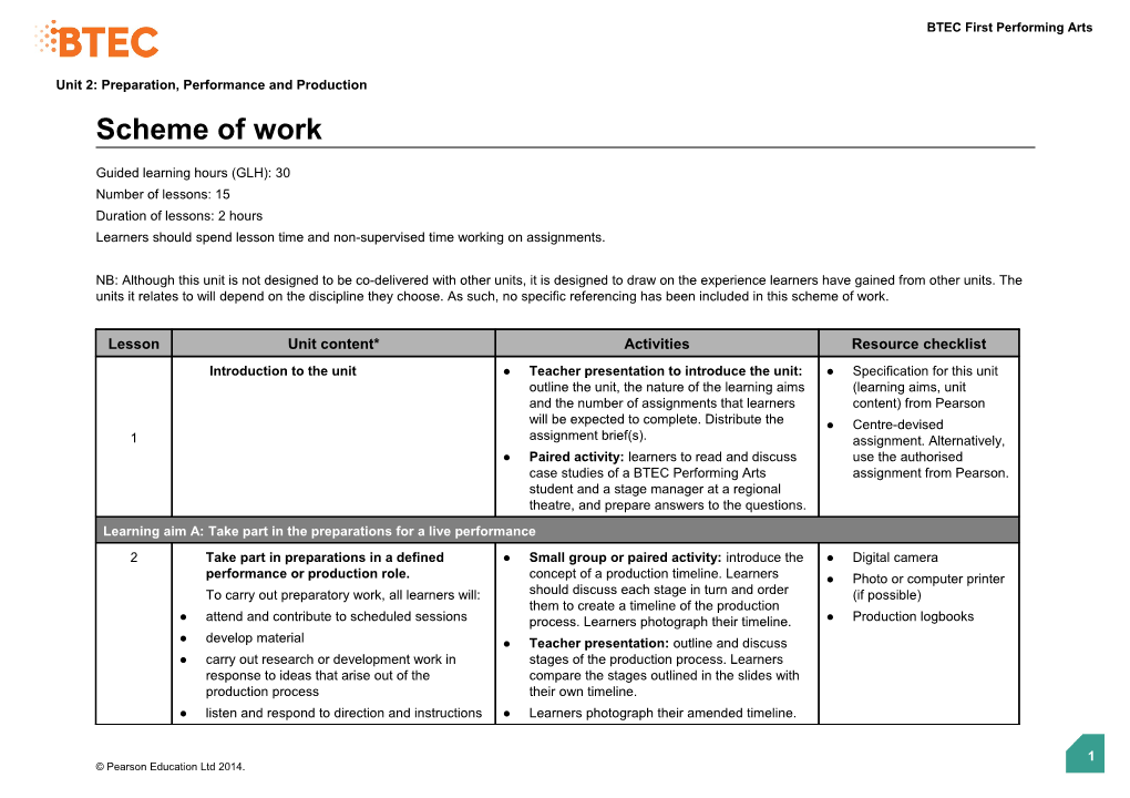 Unit 2: Preparation, Performance and Production - Scheme of Work (Version 2 Sept 14)