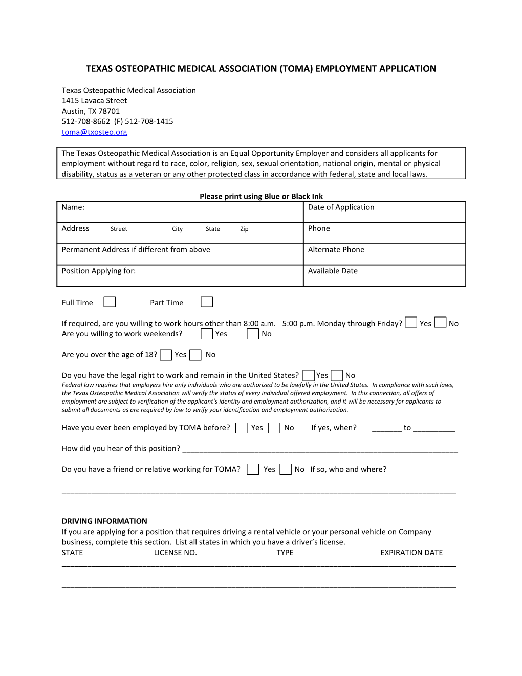 Texas Osteopathic Medical Association (Toma) Employment Application