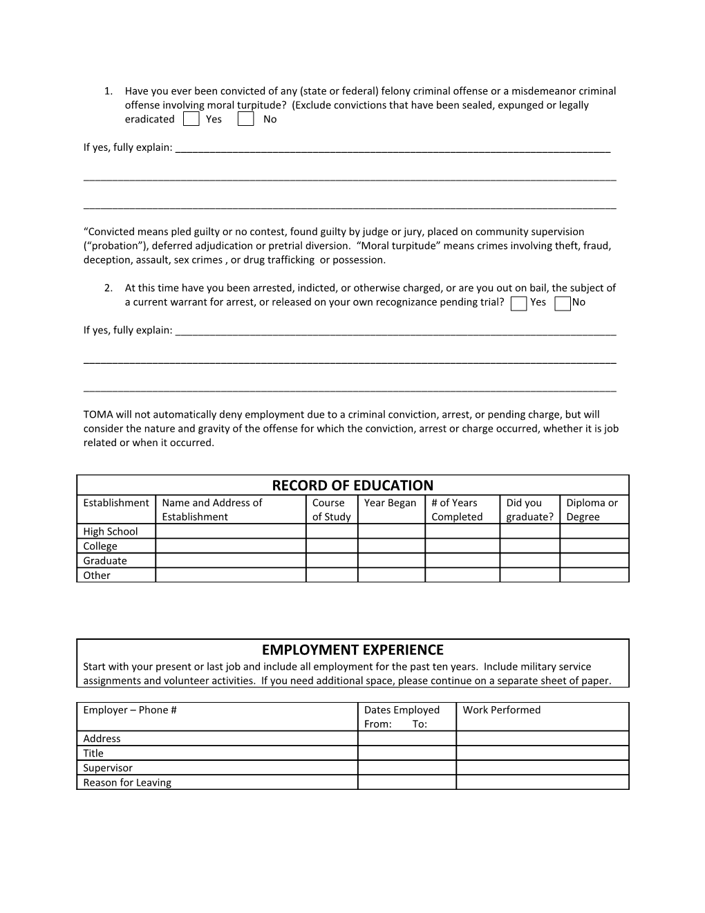 Texas Osteopathic Medical Association (Toma) Employment Application