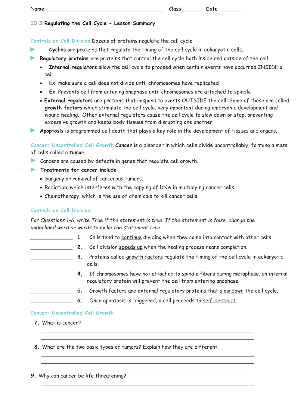 10.3 Regulating the Cell Cycle - Lesson Summary