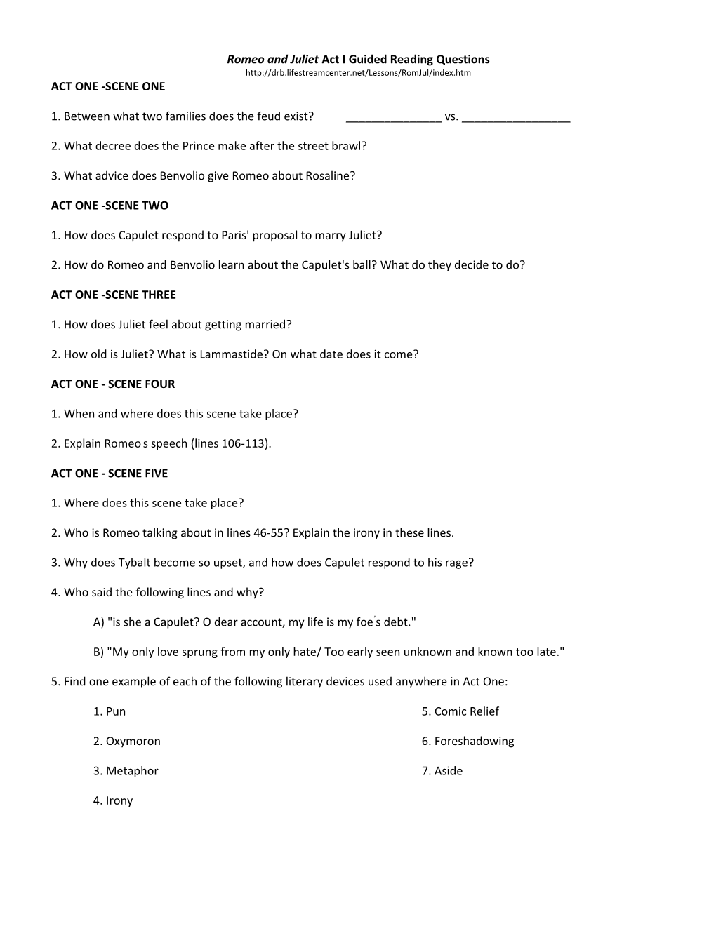 Romeo and Juliet Act I Guided Reading Questions