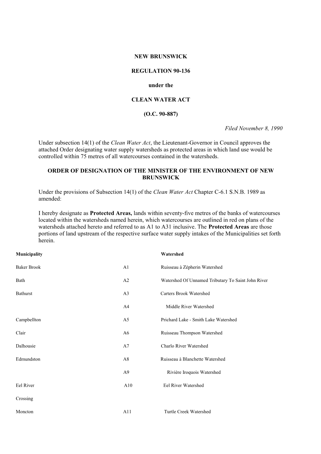 Order of Designation of the Minister of the Environment of New Brunswick