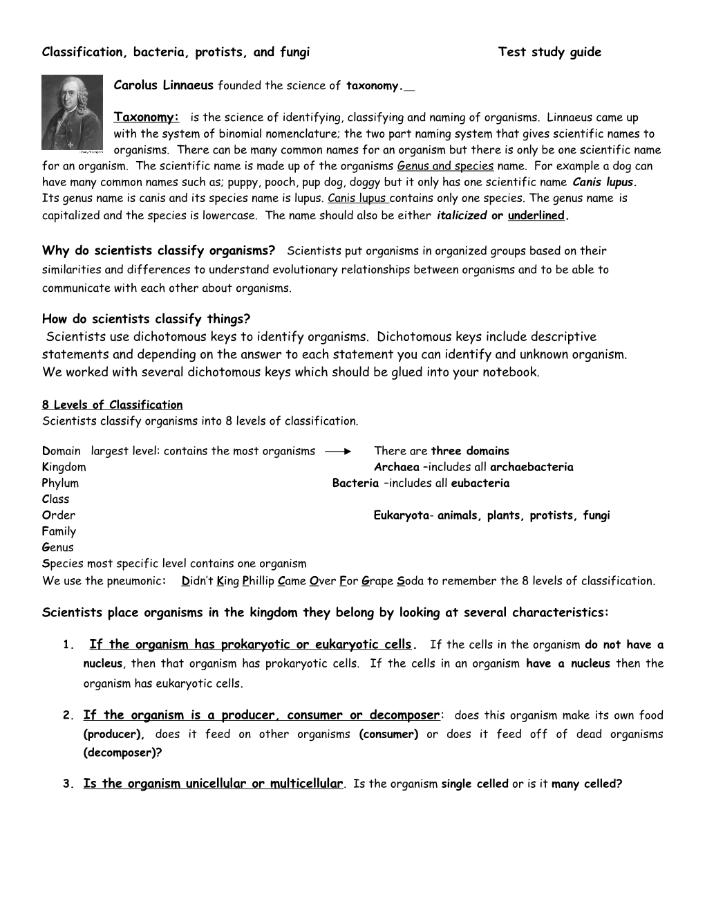 Classification, Bacteria, Protists, and Fungi Test Study Guide