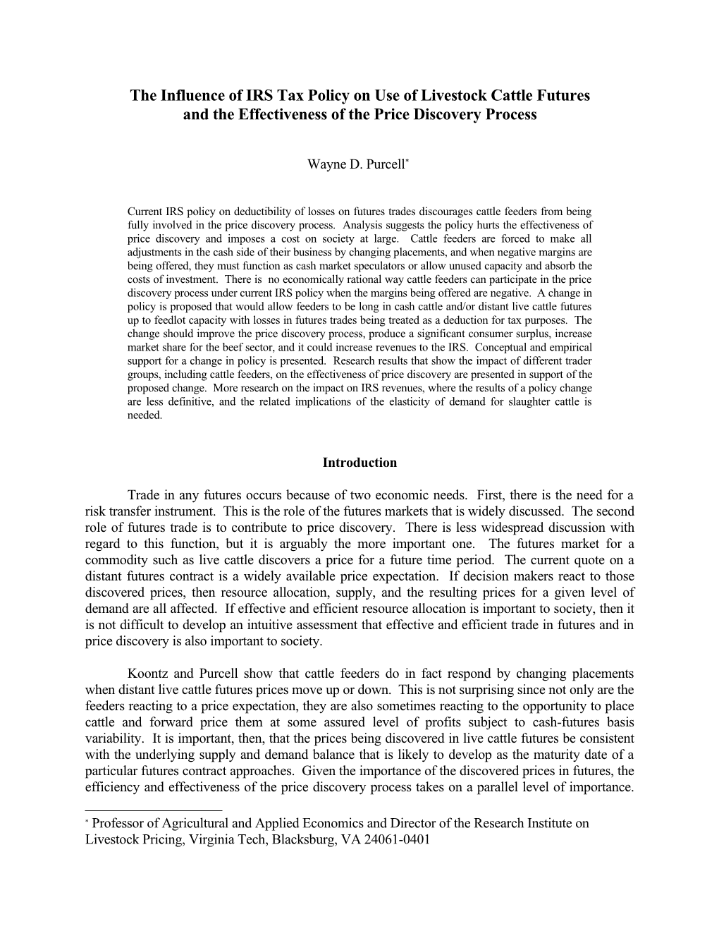 The Influence of IRS Tax Policy on Use of Livestock Cattle Futures