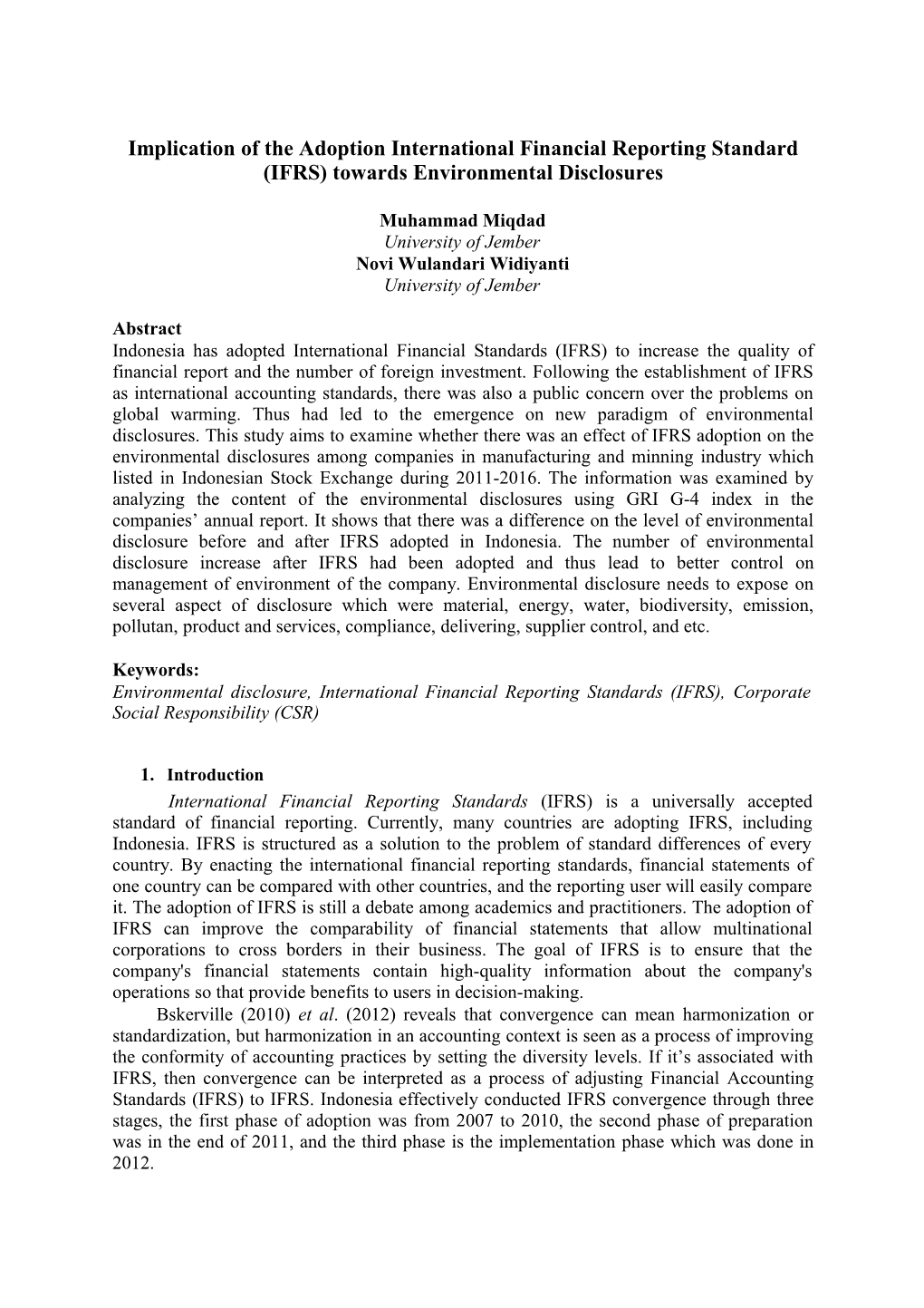 Implication of the Adoption International Financial Reporting Standard (IFRS) Towards