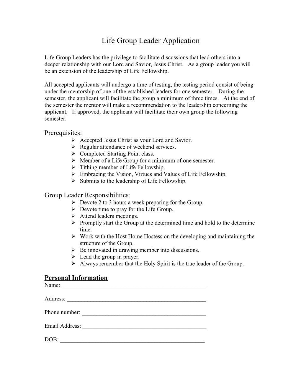 Life Group Leader Application