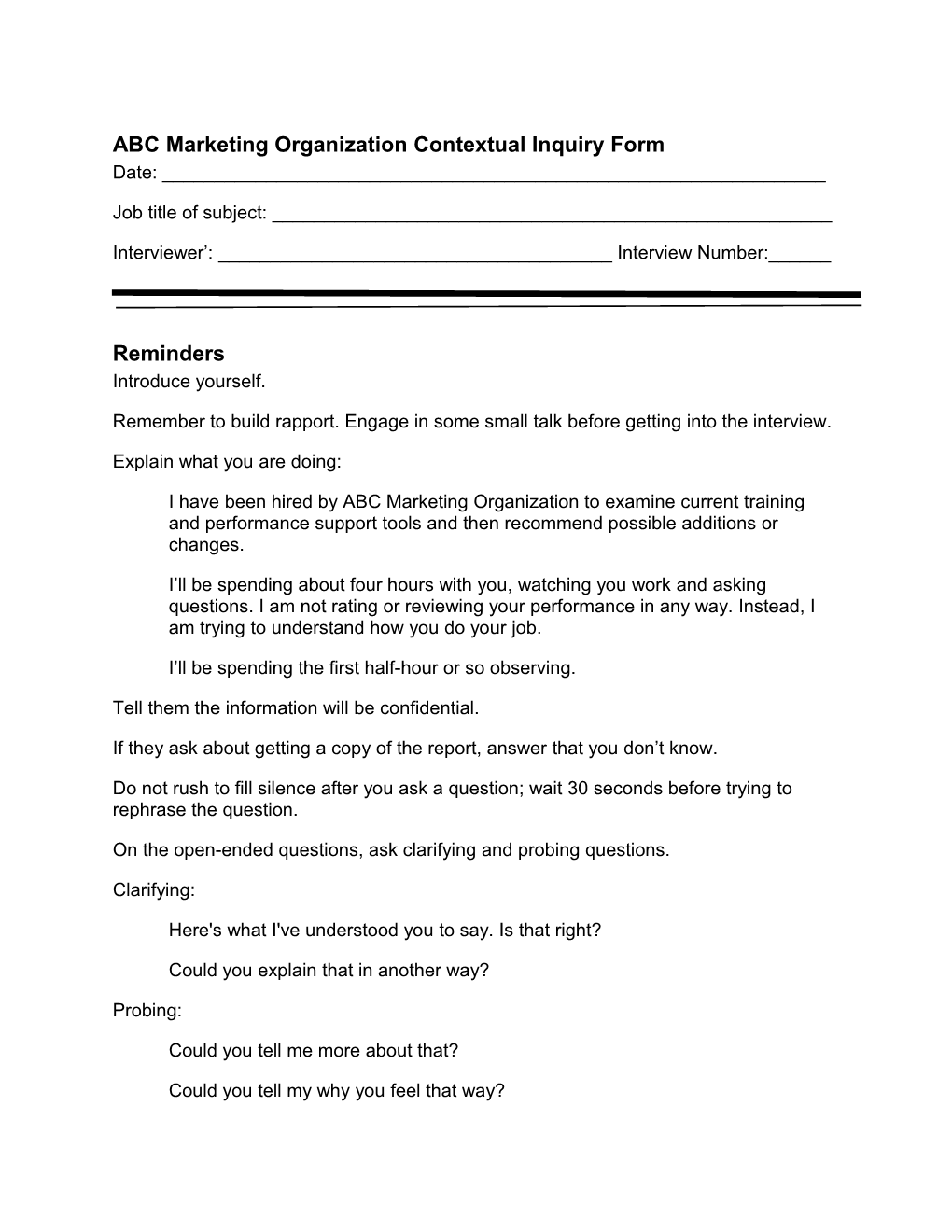 ABC Marketing Organization Contextual Inquiry Form