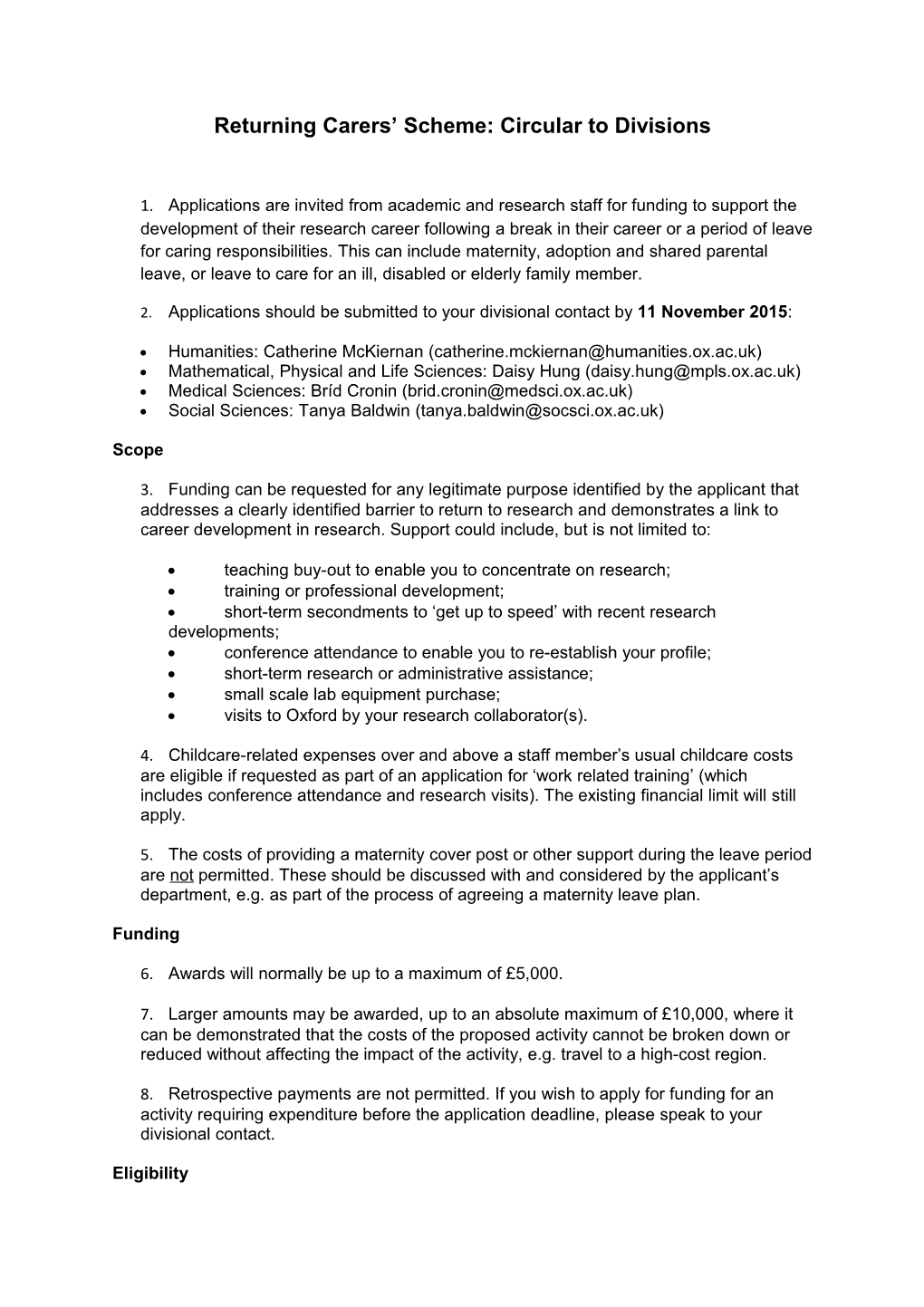 Returning Carers Scheme: Circular to Divisions