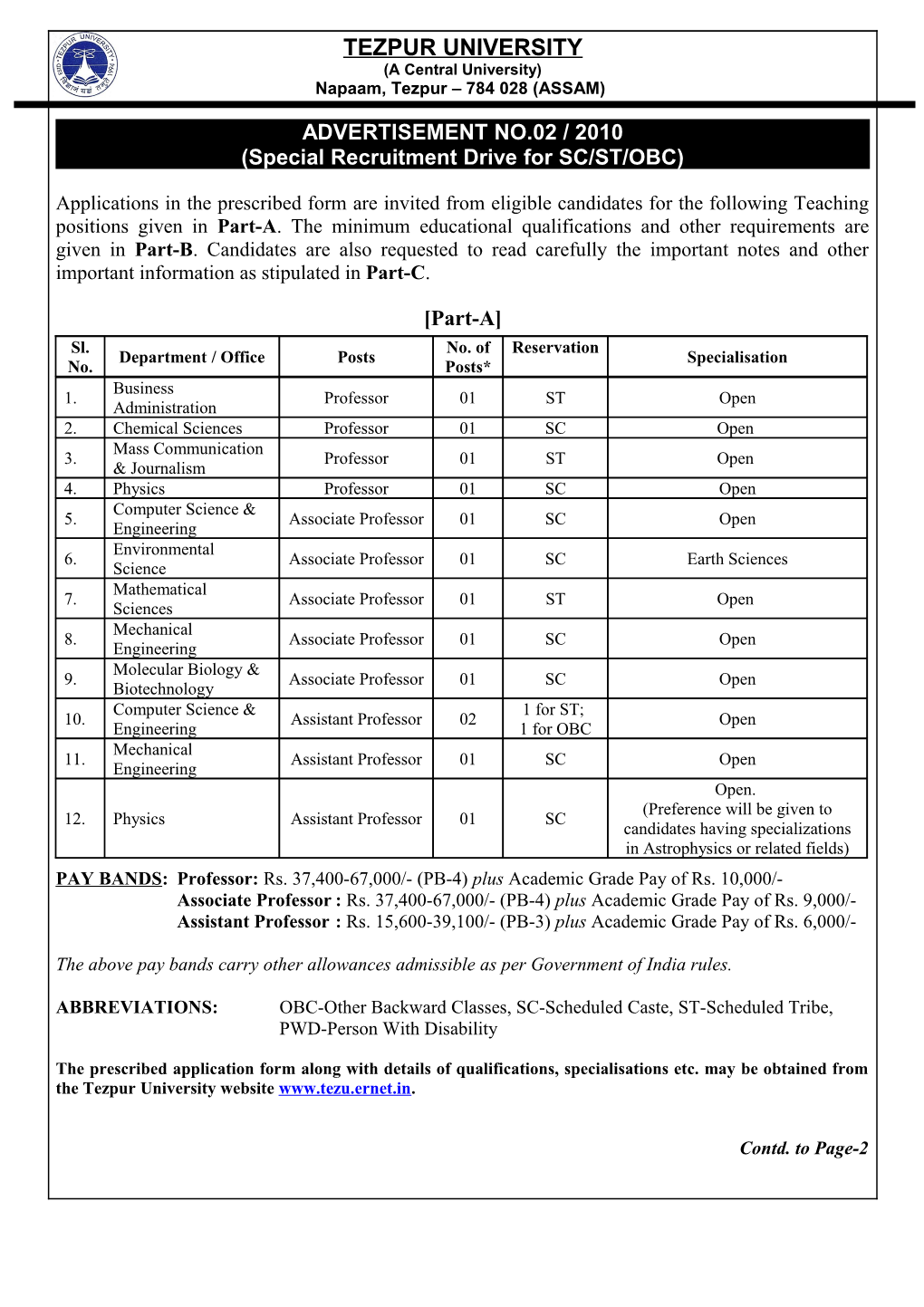 Special Recruitment Drive for SC/ST/OBC
